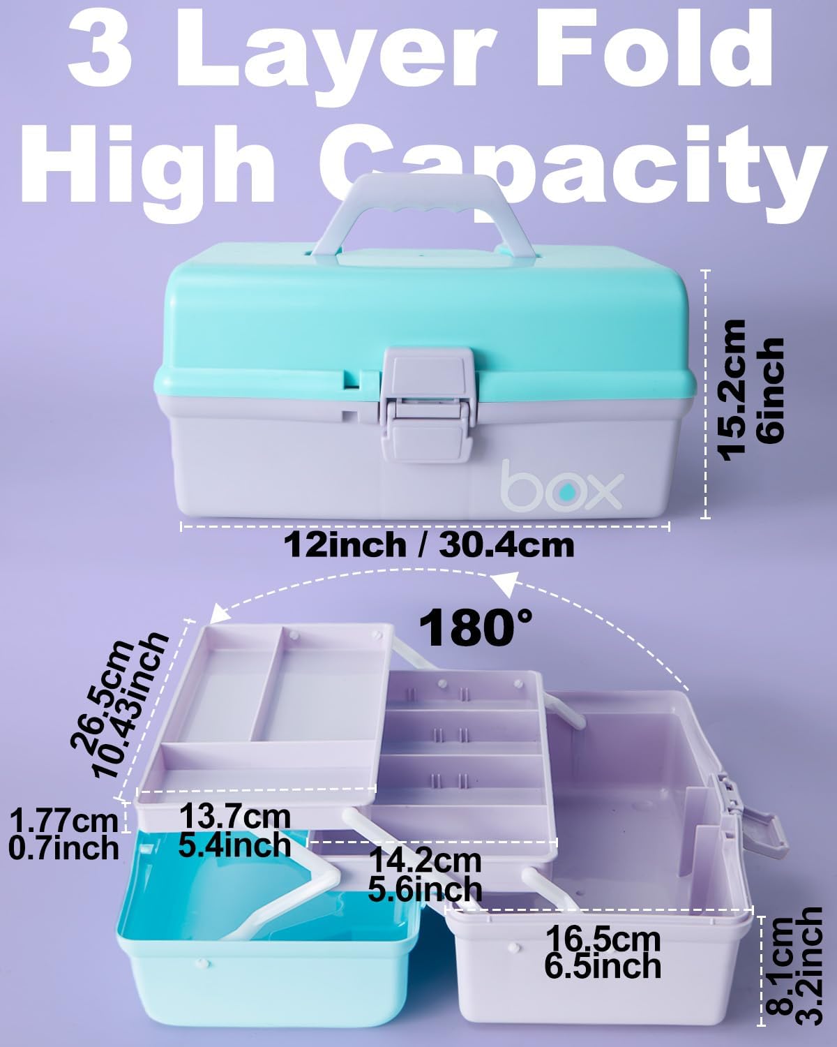 TERGOO 12in 3-Layer Plastic Craft Organizers and Storage, Portable Folding Tackle Box with Handle & Adjustable Dividers, Multipurpose Case for Sewing, Art Supplies, Medicine, Tools (Blue)