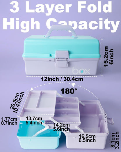 TERGOO 12in 3-Layer Plastic Craft Organizers and Storage, Portable Folding Tackle Box with Handle & Adjustable Dividers, Multipurpose Case for Sewing, Art Supplies, Medicine, Tools (Blue)