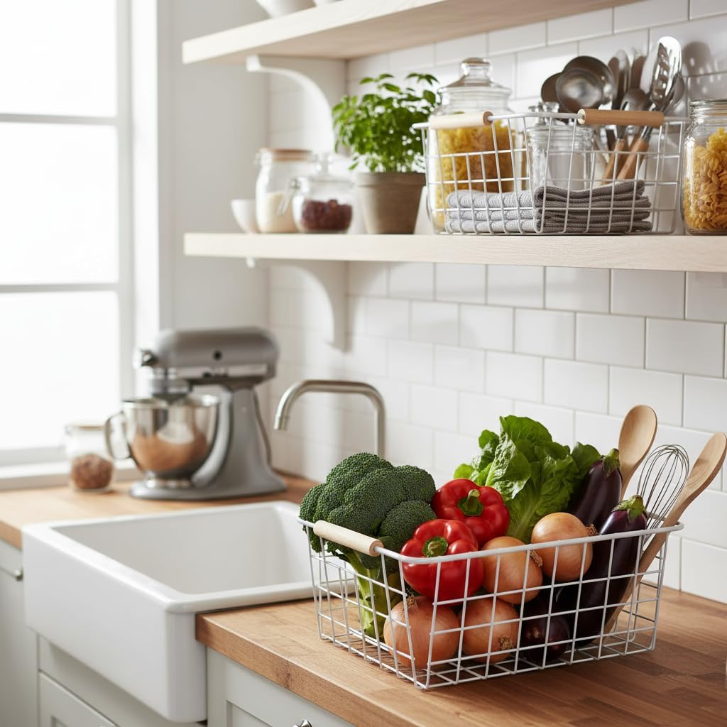 White Metal Wire Food Storage Basket with Wooden Handles for Organizing Snack Basket,Pantry Organizers and Storage for Kitchen Cabinets 4 Pack (Medium)