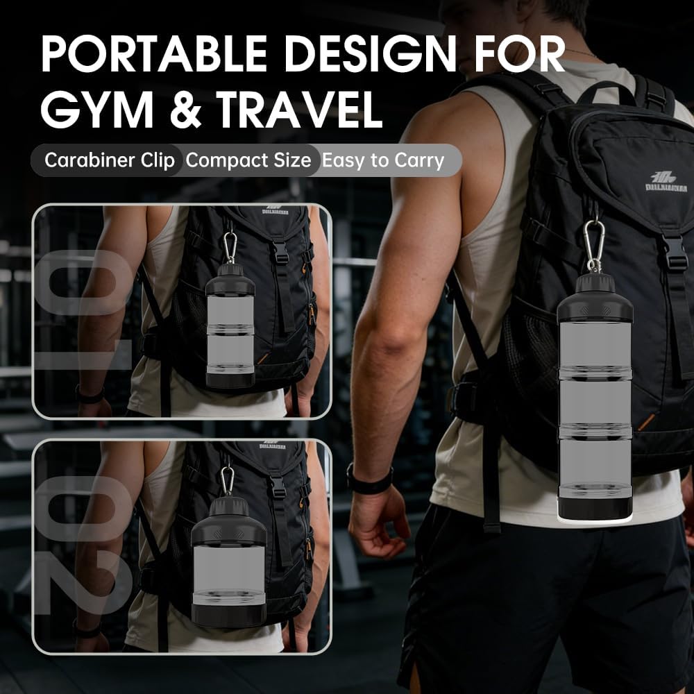 BYLWORKOUT 3-Layer Protein Powder Travel Container with Funnel and Keychain | Portable Food Storage Organizer for Gym, Fitness, Kitchen, Camping, Hiking, and Travel (Emerald Green)