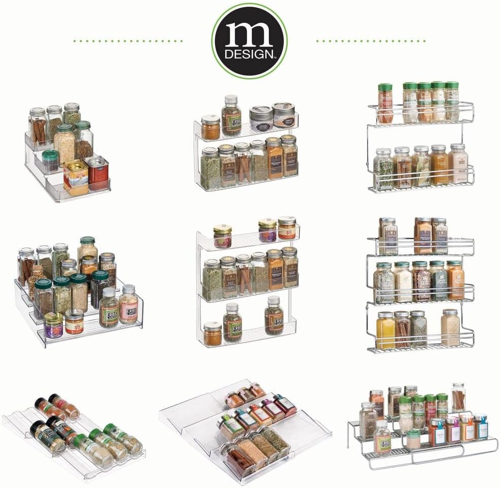 mDesign Expandable Plastic Deluxe Spice Rack, Drawer Organizer for Kitchen Cabinet Drawers, 3 Tier Slanted for Spice Jars, Food Seasoning Bottle Storage, Ligne Collection - Clear