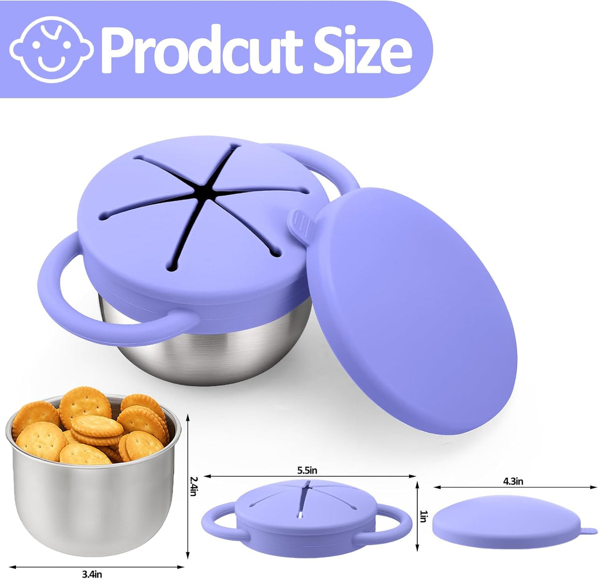 BUSOHA 2 Pack Stainless Steel Toddler Snack Cups - 9 OZ Spill-Proof Baby Snack Containers with Silicone Catcher and Lid Travel Snack Containers for Kids Food Grade Silicone Dishwasher Safe