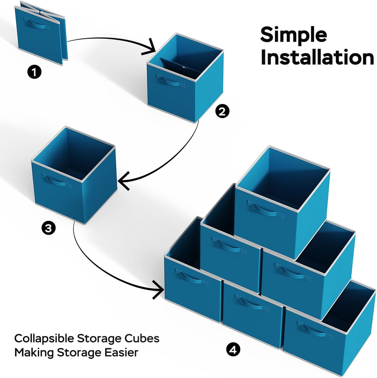 MAX Houser Fabric Storage Bins Cubes Baskets Containers with Dual Plastic Handles for Home Closet Bedroom Drawers Organizers, Flodable, Blue, Set of 4