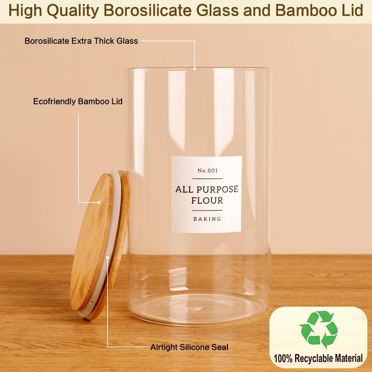 HHMJSM Large Glass Storage Jars With Airtight Bamboo Lid - 100 Fl Oz Thicken Kitchen Glass Food Storage Canister With 42 Pantry Labels - Big Clear Flour And Sugar Containers Farmhouse