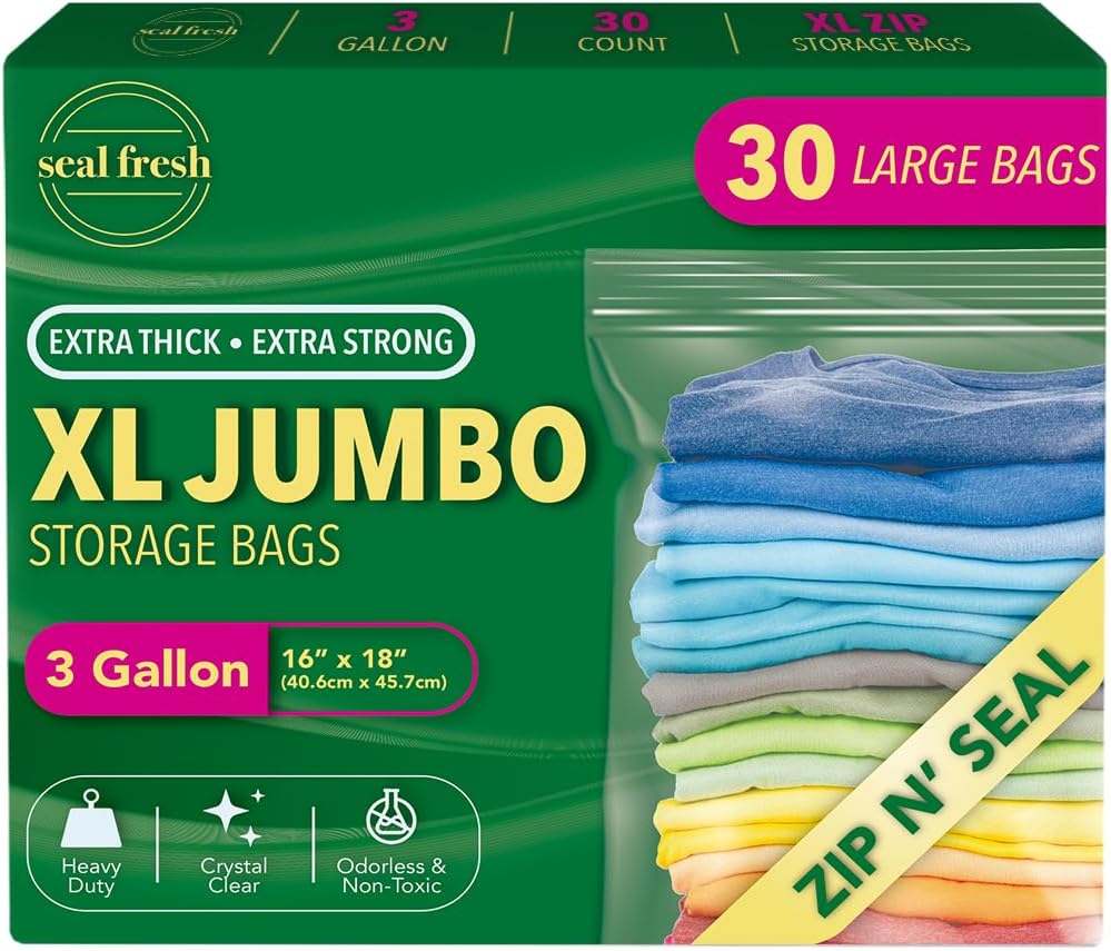 Seal Fresh 3 Gallon Large Plastic Storage Bags – 16" x 18" (15 Count) – Reusable XXL Extra Large Clear Jumbo Zip Bags with Sealable Zipper Top For Clothes, Travel, Moving