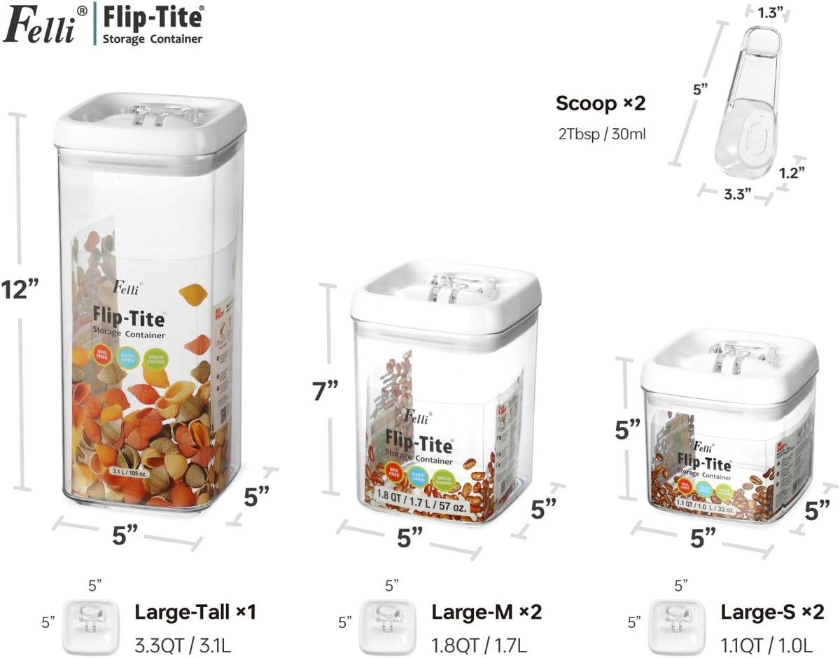 Felli Flip Tite Storage Container with Built-In Spoon & Airtight Lid 5” Large-M Ring Flip Top, Stackable Acrylic Canister for Sugar Flour Powder, Kitchen Pantry Organizer (1.8qt), 2 spoons
