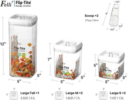 Felli Flip Tite Storage Container with Built-In Spoon & Airtight Lid 5” Large-M Ring Flip Top, Stackable Acrylic Canister for Sugar Flour Powder, Kitchen Pantry Organizer (1.8qt), 2 spoons