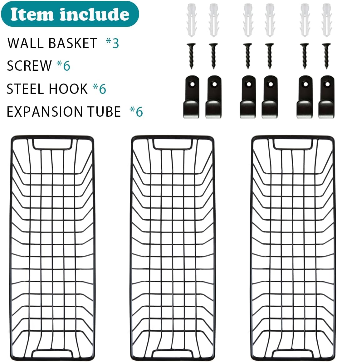 SheeChung Farmhouse Metal Wire Bin Basket with Wall Mount - Small, - Portable Hanging Wall Basket, Rustic Home Storage Organizer for Cabinets, Pantry, Closets, Bathroom, Kitchen,Bedroom(Black)