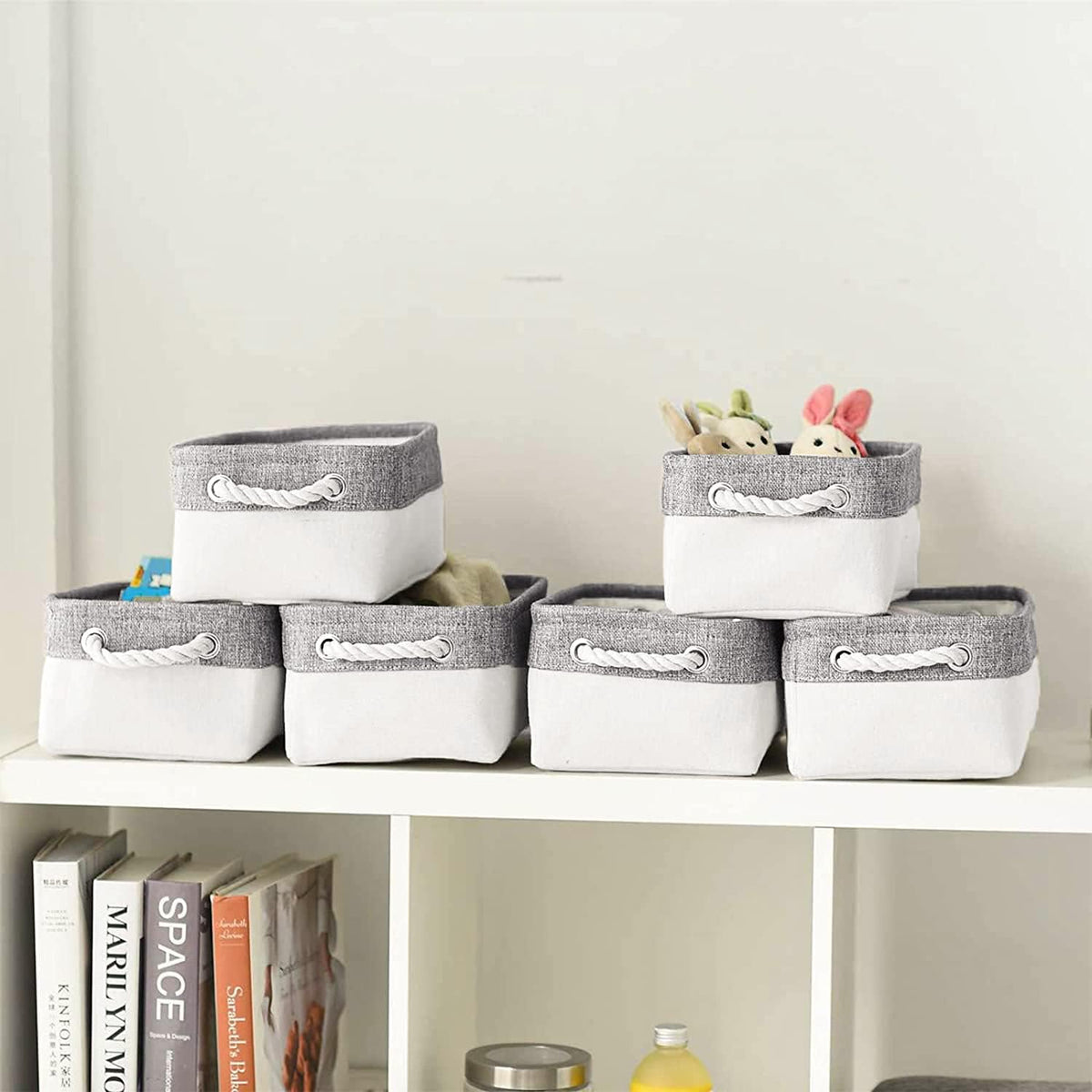 Fabric Storage Bins 12x8x5 inch [6-Pack] with Rope Handles - Decorative Baskets for Organizing