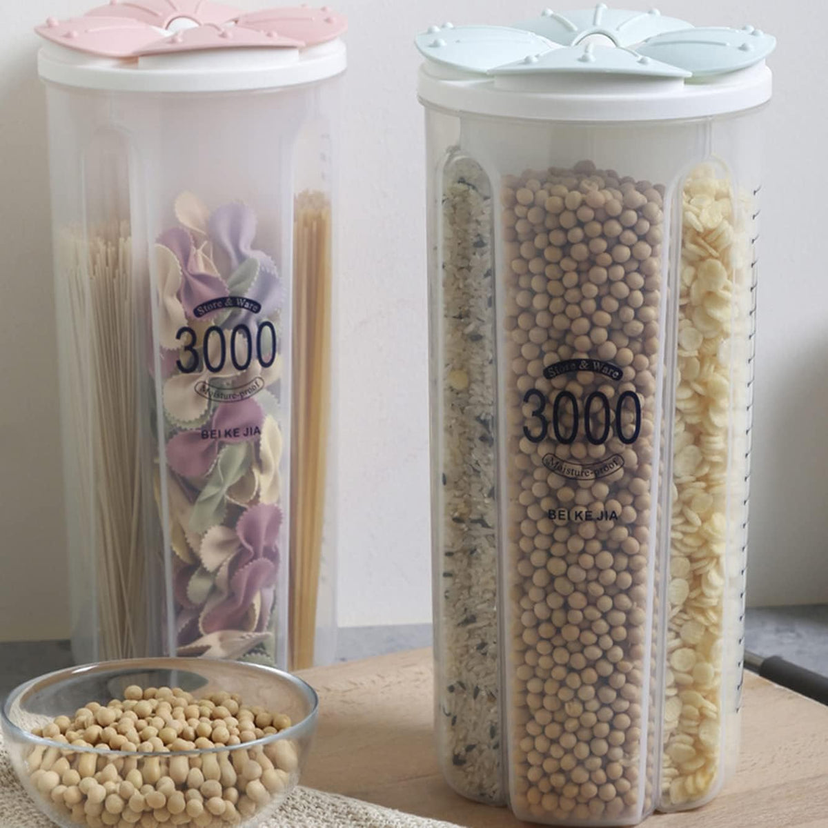 Airtight Kitchen Food Storage Container, Leak-Proof BPA Free Plastic Plastic Dry Cereal Dispensers Containers with Durable Lids for Flour, Sugar, Rice (1500ml-3 Grid)