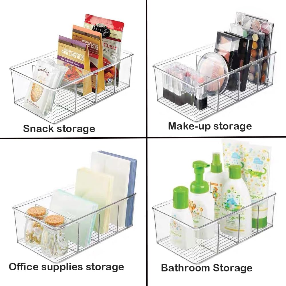 3 Pack Storage Organizer Bins, Plastic Desk Storage Bins Food Storage Organizer with 4 Slots for Pantry, Kitchen, Fridge, Cabinet Packets, Snacks, Pouches, Spice Packets