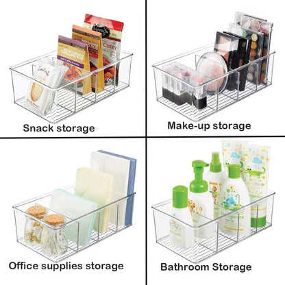 3 Pack Storage Organizer Bins, Plastic Desk Storage Bins Food Storage Organizer with 4 Slots for Pantry, Kitchen, Fridge, Cabinet Packets, Snacks, Pouches, Spice Packets