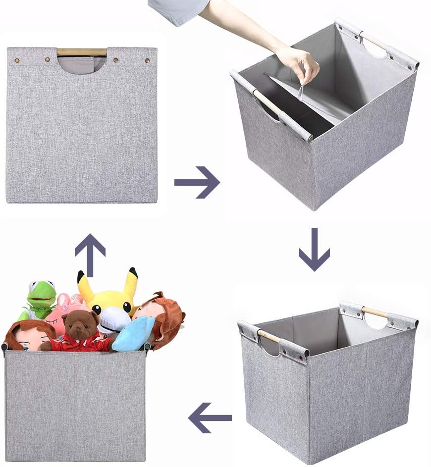 HOONEX Large Collapsible Storage Bins, Linen Fabric, Pack of 2, Storage Baskets with Wooden Carry Handles and Sturdy Heavy Cardboard, for Home, Office, Car, Nursery, Black