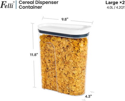 Felli Cereal Container Storage Airtight Holds 32 oz Family Size Breakfast Box with Flip Top Lid, Stackable Acrylic Dry Food Dispenser, Protein Granola Oats Grains, Crunch Keeper (Large 4.1Qt - 2pk)