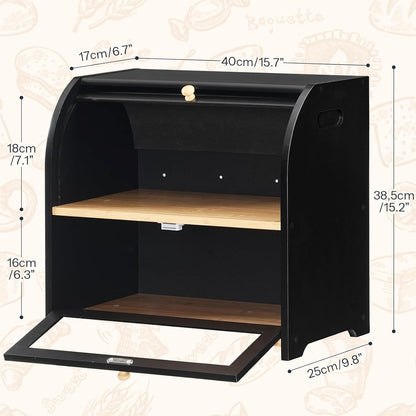 HOOBRO Bread Box, Bamboo Bread Box for Kitchen Countertop, 2 Tier Roll-Top Bread Bin, Food Storage Box, Large Capacity Keeper, Wooden Storage Cabinet, for Kitchen, Dining Room, Natural YL13MB01