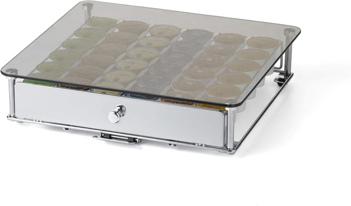 Nifty Rolling Coffee Pod Drawer - Glass Top & Chrome Finish, Compatible with K-Cups, 36 Pod Pack Holder, Compact Under Coffee Pot Storage Drawer, Slim Home Kitchen Counter Organizer