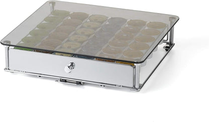 Nifty Rolling Coffee Pod Drawer - Glass Top & Chrome Finish, Compatible with K-Cups, 36 Pod Pack Holder, Compact Under Coffee Pot Storage Drawer, Slim Home Kitchen Counter Organizer