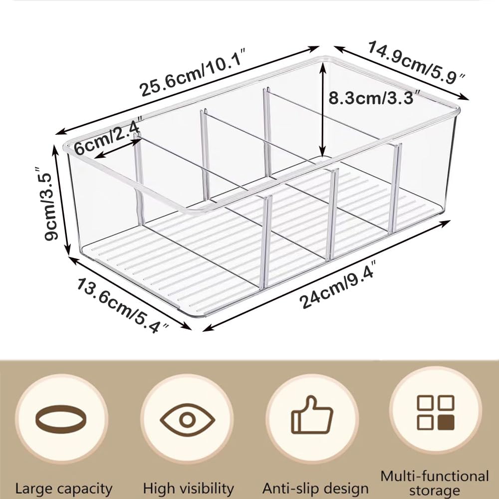 3 Pack Storage Organizer Bins, Plastic Desk Storage Bins Food Storage Organizer with 4 Slots for Pantry, Kitchen, Fridge, Cabinet Packets, Snacks, Pouches, Spice Packets