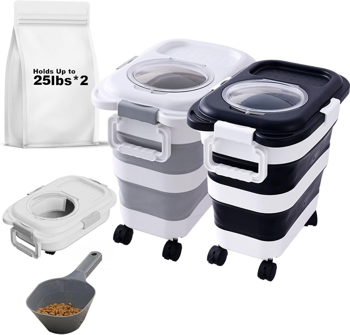 SEWIU Dog Food Storage Container Up to 2pack*20LB,Collapsible Dog Food Container with Travel Silicone Bowl and Scoop for Dog/Cat/Bird Food/Cat litter,Keep Dry Food Fresh,Easy to Move.