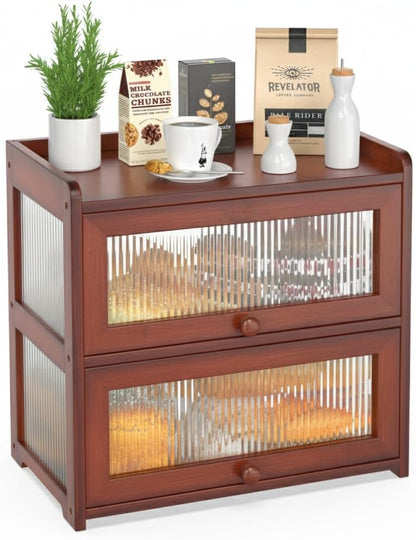 BAMBANG Bamboo Bread Box for Kitchen Countertop, Extra Large Farmhouse Bread Box with 4-Side Clear Panels, Wooden Bread Storage Container for Homemade Bread, Natural