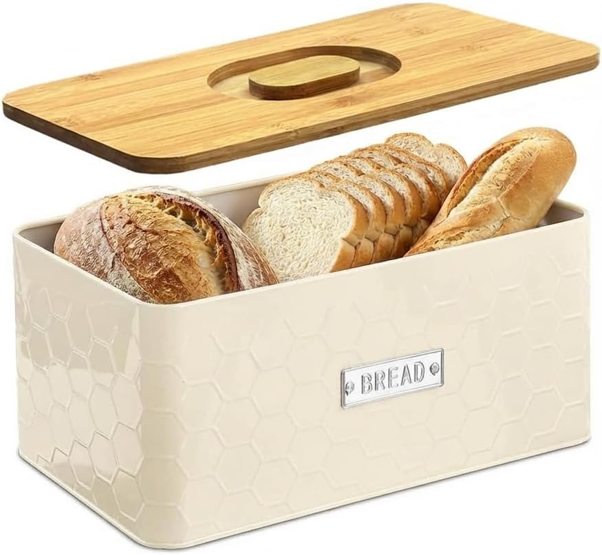 vensovo Bread Box for Countertop – Large White Metal Bread Bin with Bamboo Cutting Board Lid, Farmhouse Bread Storage Container for Homemade Bread, Baked Goods & Kitchen Counter Organization