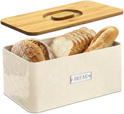 vensovo Bread Box for Countertop – Large White Metal Bread Bin with Bamboo Cutting Board Lid, Farmhouse Bread Storage Container for Homemade Bread, Baked Goods & Kitchen Counter Organization