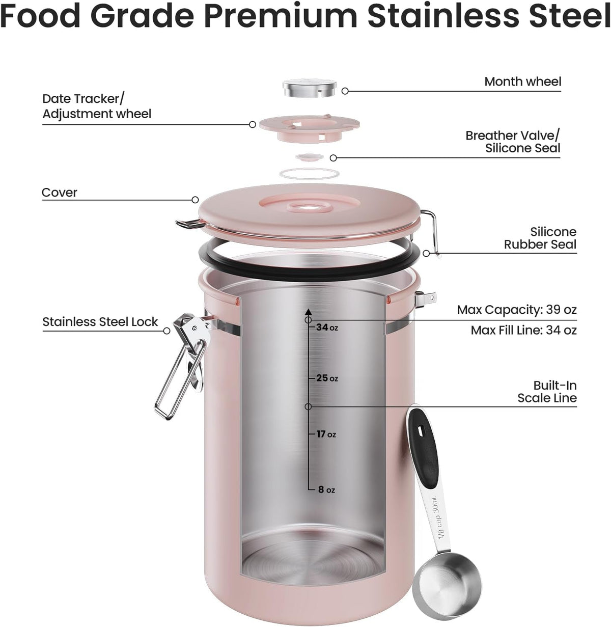 Veken Coffee Canister, 39OZ Large, Mothers Day Gifts For Women, Airtight Stainless Steel Food Storage Container for 2.2lbs Coffee Beans, Ground, Sugar, Tea, Flour, Cereal,Kitchen Bar Accessories,Cream