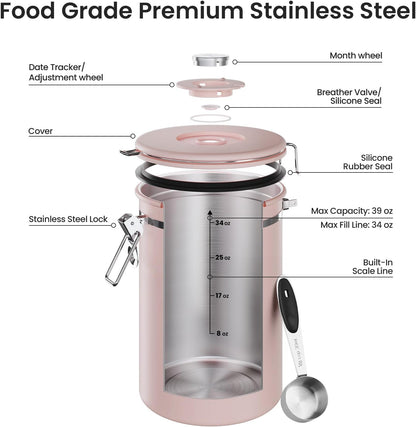 Veken Coffee Canister, 39OZ Large, Mothers Day Gifts For Women, Airtight Stainless Steel Food Storage Container for 2.2lbs Coffee Beans, Ground, Sugar, Tea, Flour, Cereal,Kitchen Bar Accessories,Cream