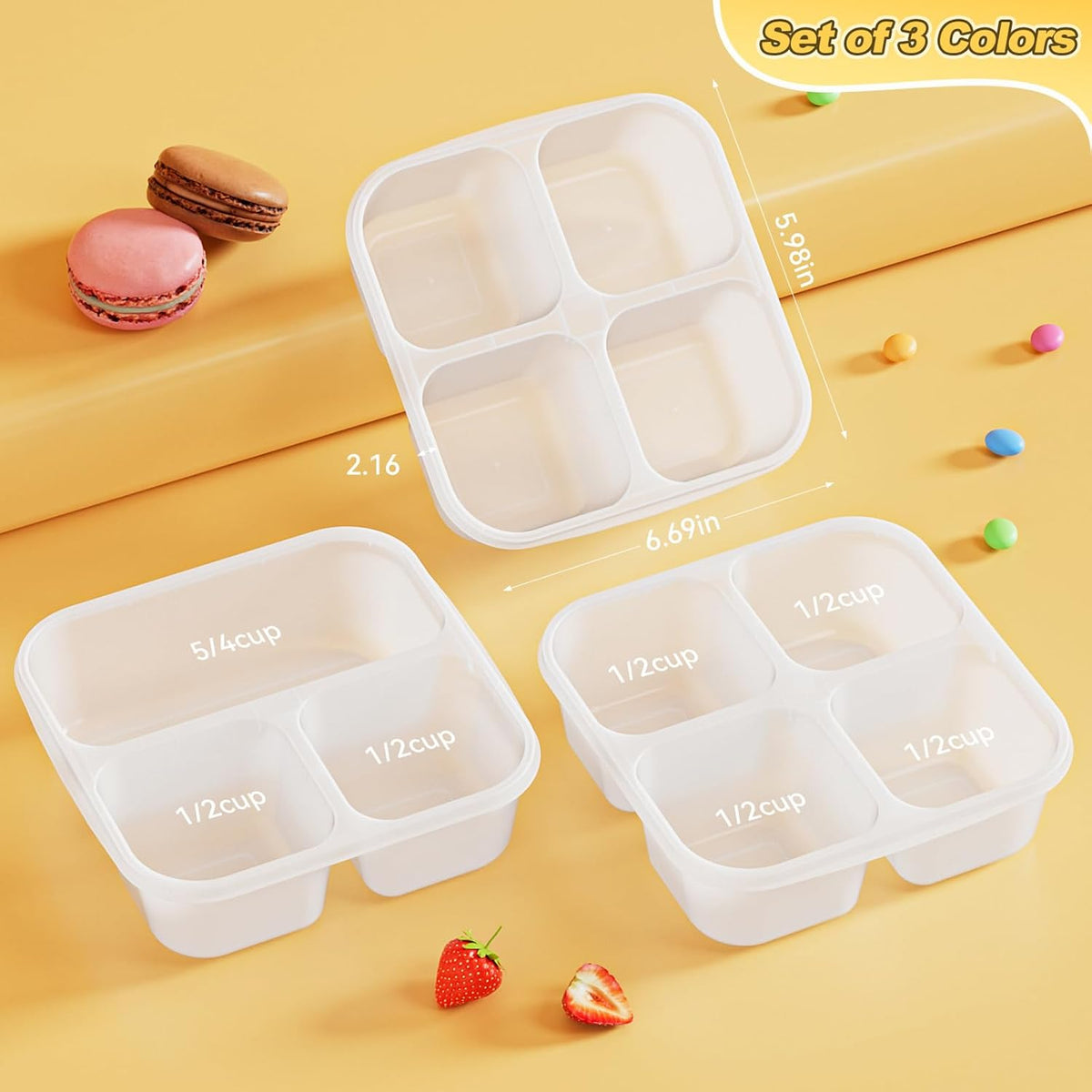 Canfanni 6 Pcs Snack Box Container Set, Reusable 3&4 Compartment Meal Prep Snack Containers for Adults Kids Toddler, BPA-Free Divided Lunchable Container for School, Work and Travel (5 Color)