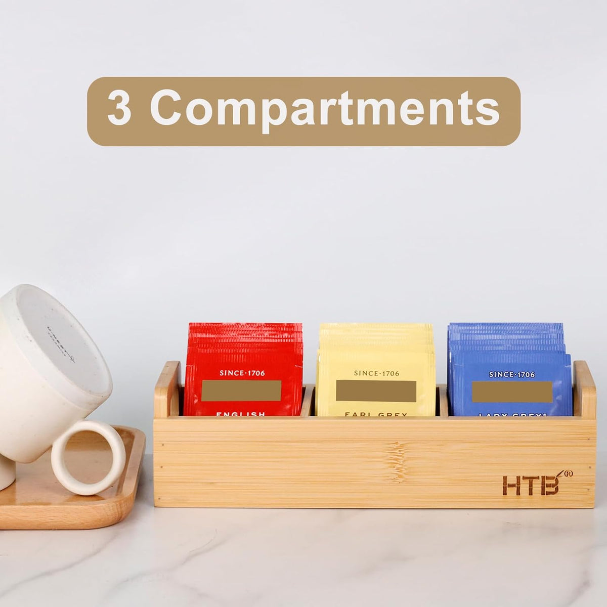 HTB Small Tea Bag Box Wooden, 3 Compartments Acacia Wood Tea Bag Chest with Handle, Mini Countertop Divided Storage Container for Beverage Supplies, Sugar, Sweeteners, Individual Packets