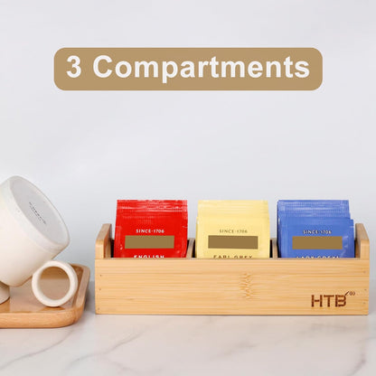 HTB Small Tea Bag Box Wooden, 3 Compartments Acacia Wood Tea Bag Chest with Handle, Mini Countertop Divided Storage Container for Beverage Supplies, Sugar, Sweeteners, Individual Packets