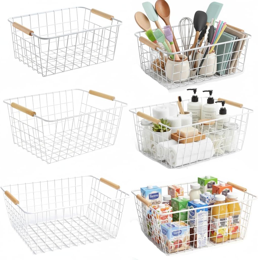 White Metal Wire Food Storage Basket with Wooden Handles for Organizing Snack Basket,Pantry Organizers and Storage for Kitchen Cabinets 4 Pack (Medium)