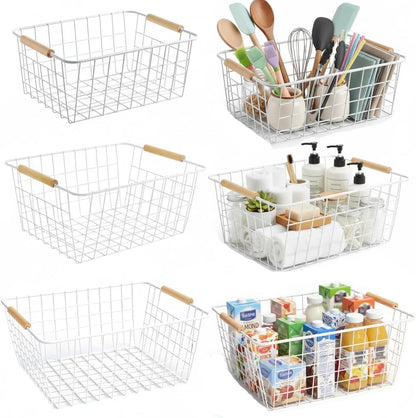 White Metal Wire Food Storage Basket with Wooden Handles for Organizing Snack Basket,Pantry Organizers and Storage for Kitchen Cabinets 4 Pack (Medium)