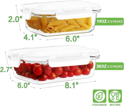 HOMBERKING Borosilicate Glass Meal Prep Containers with Locking Lids, Glass Food Storage Containers Set, Airtight Lunch Bento Boxes, BPA-Free & Leak Proof, 36oz & 14oz, Freezer, Oven Safe