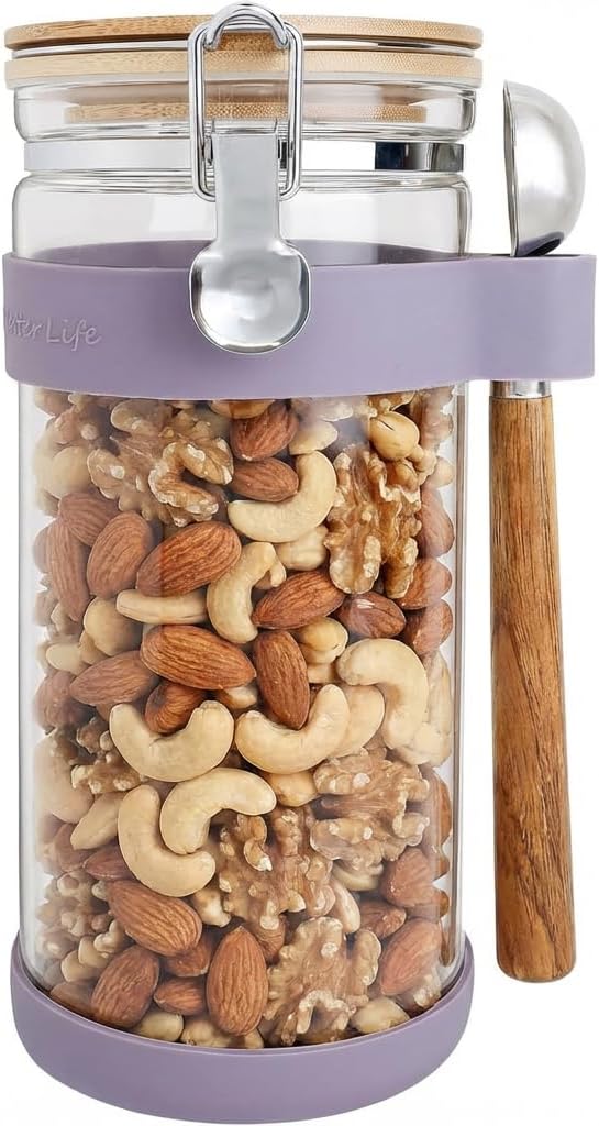 Large Glass Nuts Storage Container, Airtight Food Storage Jar with Bamboo Lid & Scoop, Keeps Nuts Crunchy & Fresh, Perfect for Pantry Organization & Storing Nuts, Almonds, Peanuts - 1.5-Quart
