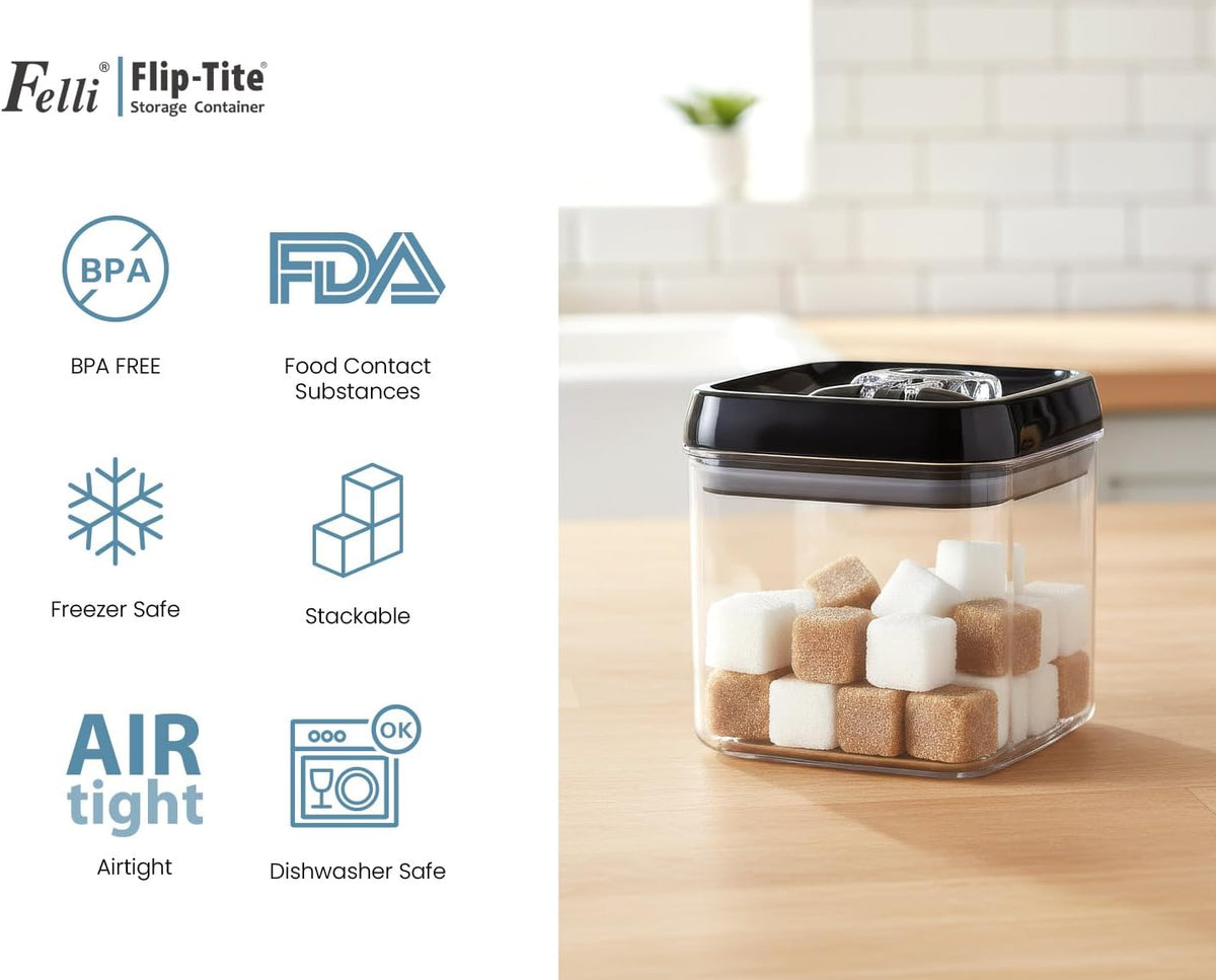 Felli Flip Tite Storage Container with Built-In Spoon & Airtight Lid 5” Large-M Ring Flip Top, Stackable Acrylic Canister for Sugar Flour Powder, Kitchen Pantry Organizer (1.8qt), 2 spoons