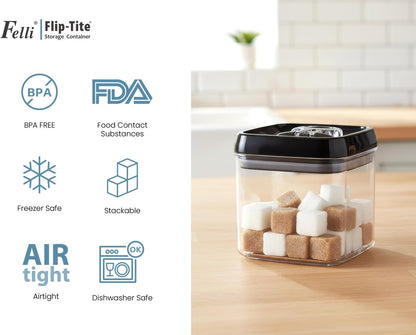 Felli Flip Tite Storage Container with Built-In Spoon & Airtight Lid 5” Large-M Ring Flip Top, Stackable Acrylic Canister for Sugar Flour Powder, Kitchen Pantry Organizer (1.8qt), 2 spoons