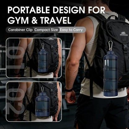 BYLWORKOUT 3-Layer Protein Powder Travel Container with Funnel and Keychain | Portable Food Storage Organizer for Gym, Fitness, Kitchen, Camping, Hiking, and Travel (Emerald Green)