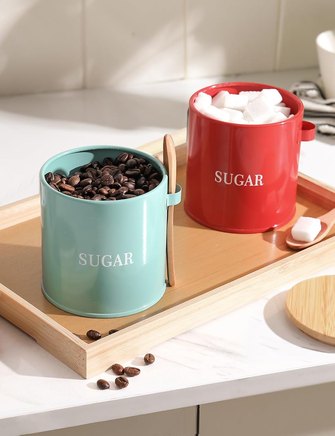 AISBUGUR Sugar Bowl with Lid and Spoon: 17oz Metal Sugar Container - Airtight Food Sugar Jar - Coffee Bar Accessories - Countertop Kitchen Decor (White)
