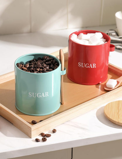 AISBUGUR Sugar Bowl with Lid and Spoon: 17oz Metal Sugar Container - Airtight Food Sugar Jar - Coffee Bar Accessories - Countertop Kitchen Decor (White)