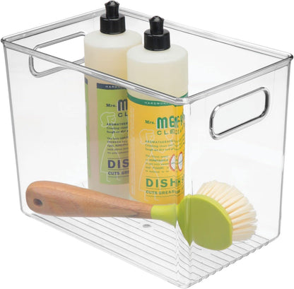 mDesign Plastic Deep Kitchen and Pantry Organizer Storage Bin with Handles for Cabinet, Fridge, Freezer - Food Storage Containers for Snacks, Yogurt Pouches or Fruit, Ligne Collection, 4 Pack, Clear