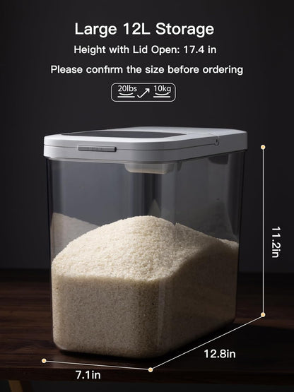 LivLab Mker 20-25 lbs Rice Dispenser with measuring spoon - 11.4Qt/12L Large Airtight Food Storage Rice Container for Cereal, Flour - BPA-Free PET, Slim Space-Saving