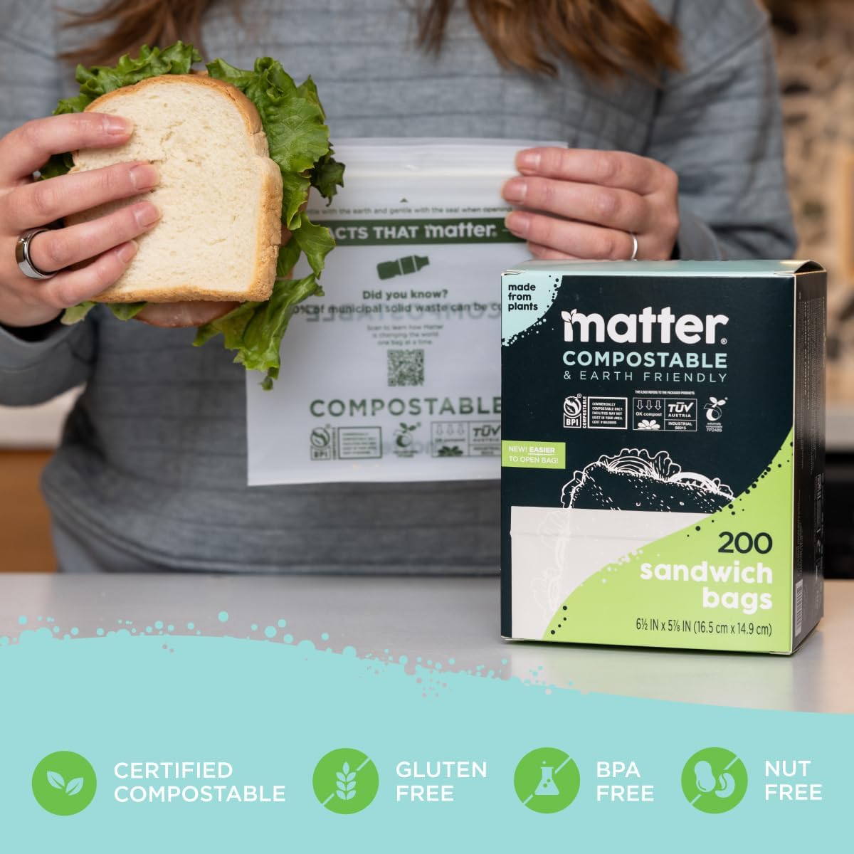 Matter Compostable Assorted Kitchen Bags, 230 Count, Biodegradable, Eco-Friendly Resealable Food Storage Variety Pack, 80 Snack, 80 Sandwich, 50 Quart & 20 Gallon