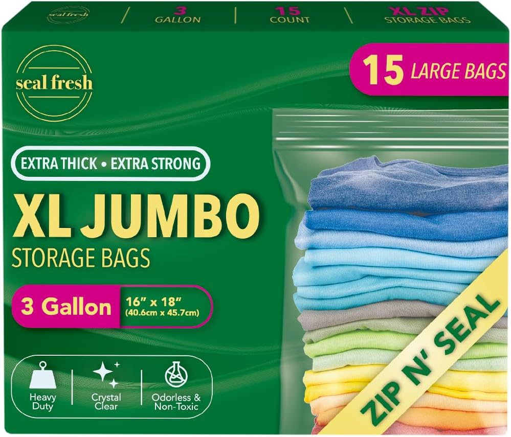 Seal Fresh 3 Gallon Large Plastic Storage Bags – 16" x 18" (15 Count) – Reusable XXL Extra Large Clear Jumbo Zip Bags with Sealable Zipper Top For Clothes, Travel, Moving