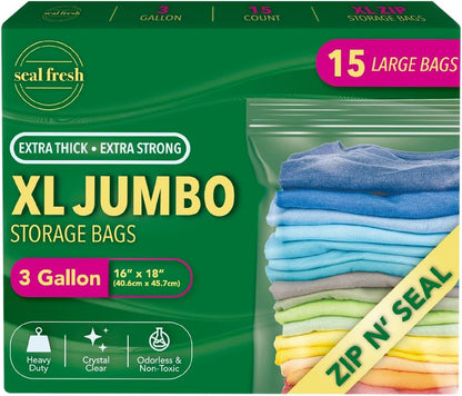 Seal Fresh 3 Gallon Large Plastic Storage Bags – 16" x 18" (15 Count) – Reusable XXL Extra Large Clear Jumbo Zip Bags with Sealable Zipper Top For Clothes, Travel, Moving