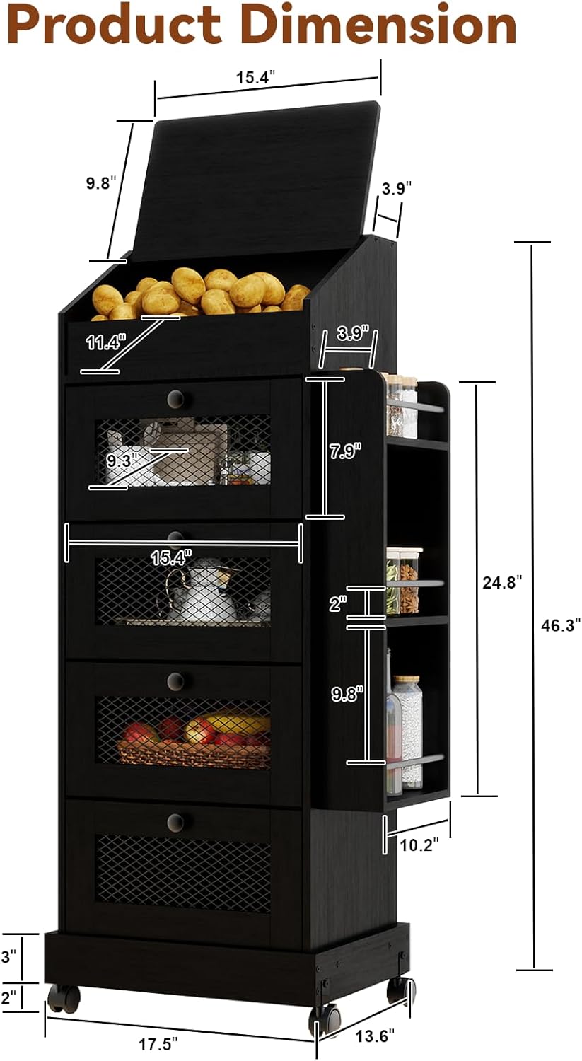 ARTETHYS Potato and Onion Storage Bin for Pantry 5-Tier Rolling Fruit and Vegetable Organizer with Spice Rack on Wheels Movable Large Bread Box Cabinet with 4 Ventilated Drawers for Kitchen, Rustic
