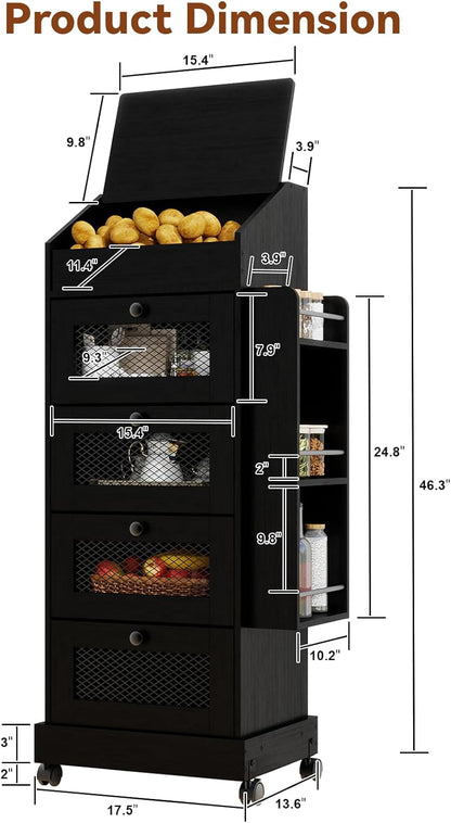 ARTETHYS Potato and Onion Storage Bin for Pantry 5-Tier Rolling Fruit and Vegetable Organizer with Spice Rack on Wheels Movable Large Bread Box Cabinet with 4 Ventilated Drawers for Kitchen, Rustic