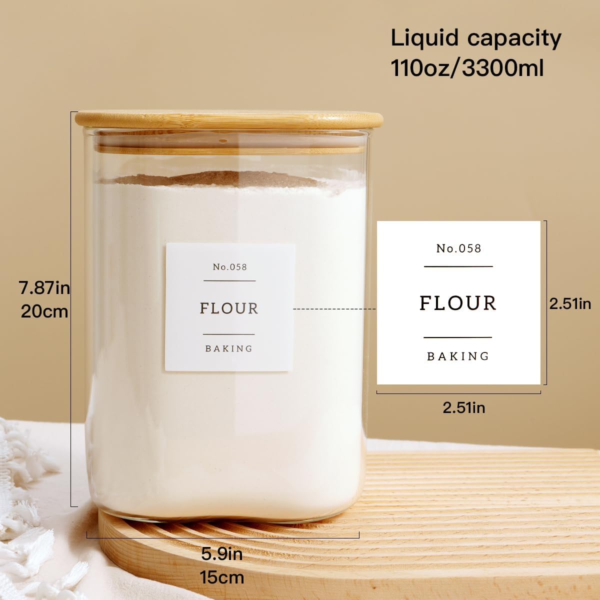 HHMJSM Large Glass Storage Jars With Airtight Bamboo Lid - 100 Fl Oz Thicken Kitchen Glass Food Storage Canister With 42 Pantry Labels - Big Clear Flour And Sugar Containers Farmhouse