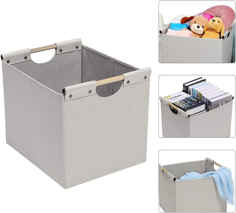 HOONEX Large Collapsible Storage Bins, Linen Fabric, Pack of 2, Storage Baskets with Wooden Carry Handles and Sturdy Heavy Cardboard, for Home, Office, Car, Nursery, Black