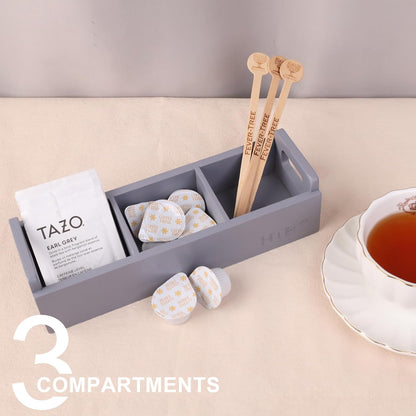 HTB Small Tea Bag Box Wooden, 3 Compartments Acacia Wood Tea Bag Chest with Handle, Mini Countertop Divided Storage Container for Beverage Supplies, Sugar, Sweeteners, Individual Packets